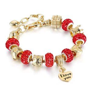 Charms Crystal Heart of Gold Plated, Red Charms Bracelet for Women/Teens